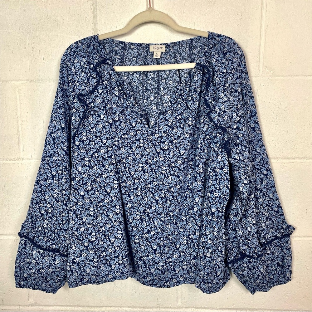 J. Crew V-Neck Popover Top Blue Floral Ruffles Balloon Sleeves Cottage Peasant L